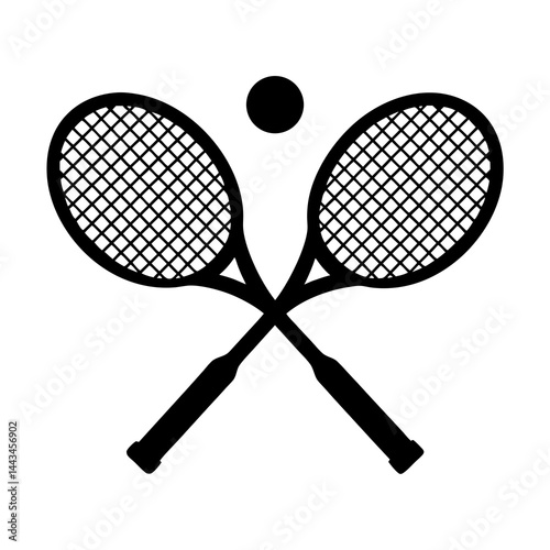 Minimalist silhouette of two crossed tennis rackets with a ball isolated on a white background