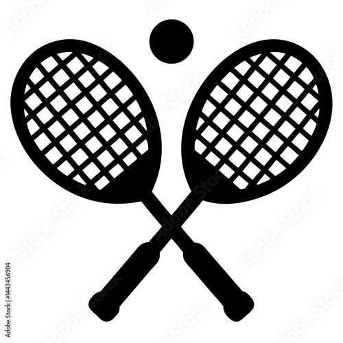 Minimalist silhouette of two crossed tennis rackets with a ball isolated on a white background
