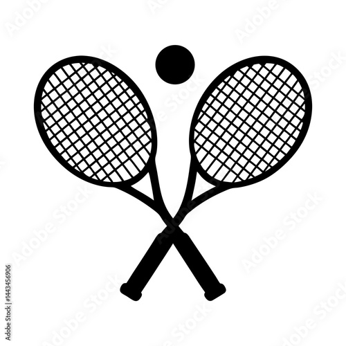 Minimalist silhouette of two crossed tennis rackets with a ball isolated on a white background
