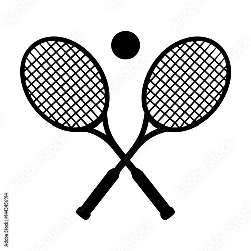 Minimalist silhouette of two crossed tennis rackets with a ball isolated on a white background