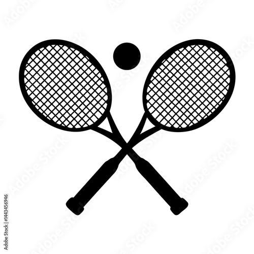 Minimalist silhouette of two crossed tennis rackets with a ball isolated on a white background