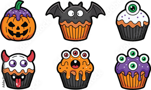 Illustration of Halloween Cupcake Icon Collection with Pumpkin, Monster, and Bat Silhouette Vector for Party, Holiday, and Festive Designs