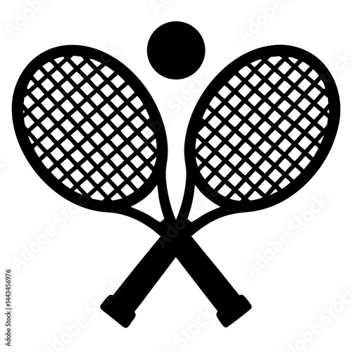 Minimalist silhouette of two crossed tennis rackets with a ball isolated on a white background