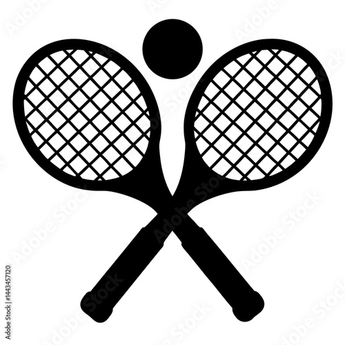 Minimalist silhouette of two crossed tennis rackets with a ball isolated on a white background