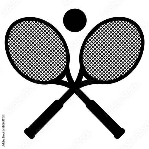 Minimalist silhouette of two crossed tennis rackets with a ball isolated on a white background