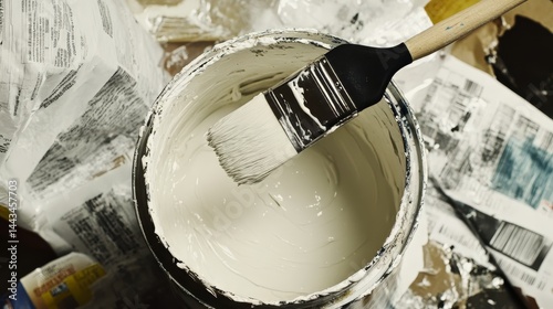 A person is painting a wall with a brush. The brush is in a white can of paint