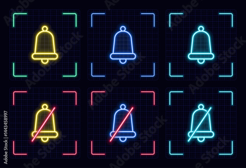 On and off bell symbol set, cyber neon visual, glowing border grid vector.