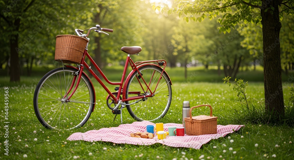 Fototapeta premium Bicycle parked next to a picnic blanket in a city park during a sunny afternoon.