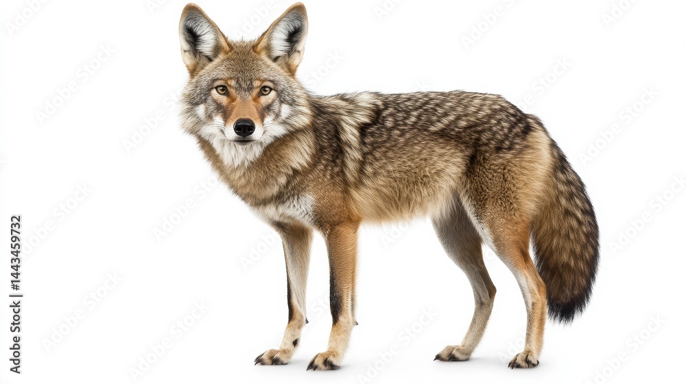 Fototapeta premium A coyote standing alert with its ears raised, isolated on white background.
