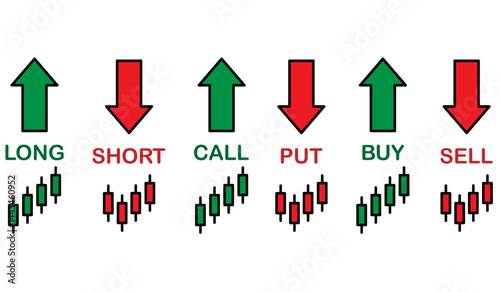 Icons for trading terms call ,put, buy, sell, short and long. includes green and red arrows symbols. Ideal for stock market, forex and crypto visuals. icons, vector, symbols.