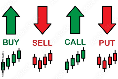Icons for trading terms call ,put, buy, sell, short and long. includes green and red arrows symbols. Ideal for stock market, forex and crypto visuals. icons, vector, symbols.