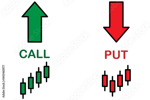 Icons for trading terms call and put. includes green and red arrows symbols. Ideal for stock market, forex and crypto visuals. icons, vector, symbols.