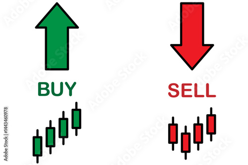 Icons for trading terms buy and sell. includes green and red arrows symbols. Ideal for stock market, forex and crypto visuals. icons, vector, symbols.