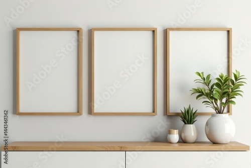 Three empty frames above shelf, minimalist decor, gallery, blank