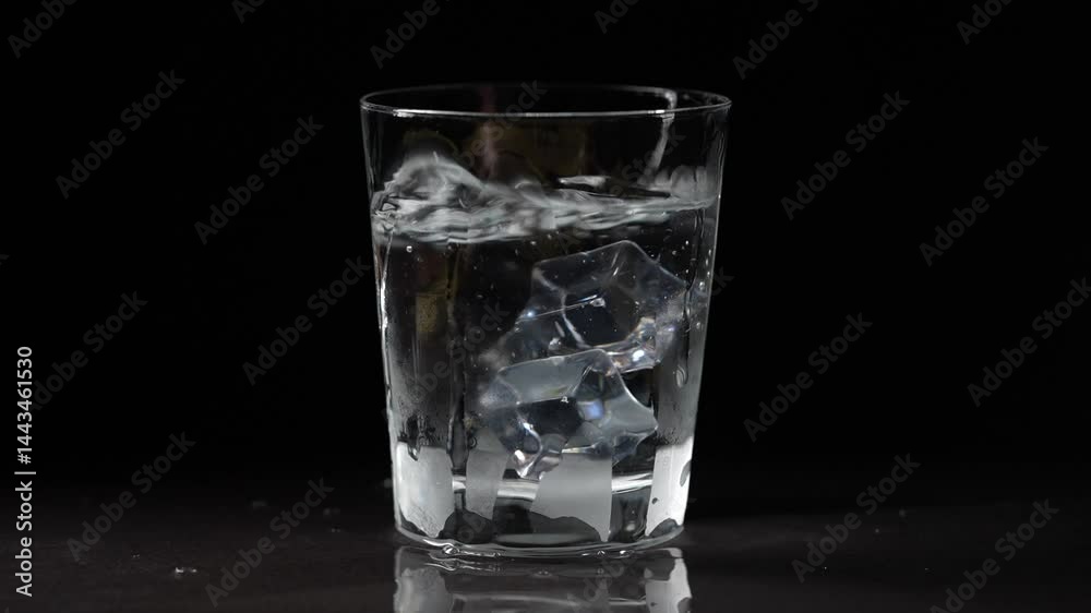 Ice cubes falling into a glass of water on a table on a black background, close up, slow motion Ice cubes falling into a glass of water on a table on a black background, close up, slow motion