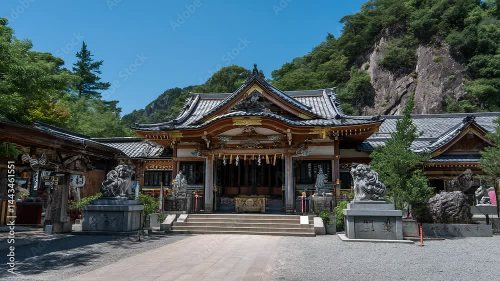 Traditional Asian building with tiled roofs, ornate carvings, stone statues, and a mountain backdrop on a sunny day in Asia. Traditional Asian building with tiled roofs, ornate carvings, stone statues, and a mountain backdrop on a sunny day in Asia.