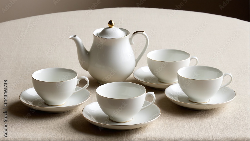 Elegant Tea Service Displayed on Tablecloth: A Set of White Teacups and Teapot with Subtle Golden Accents Elegant Tea Service Displayed on Tablecloth: A Set of White Teacups and Teapot with Subtle Golden Accents