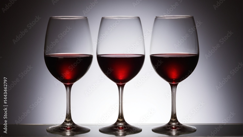 Elegant Ensemble: Three Glasses of Red Wine Reflecting Light in a Minimalist Setting, Evoking Sophistication and Refined Taste Elegant Ensemble: Three Glasses of Red Wine Reflecting Light in a Minimalist Setting, Evoking Sophistication and Refined Taste