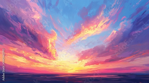 Captivating sunset with ethereal skies and vibrant clouds illuminated by high-key lighting creating a dreamy and tranquil evening scene