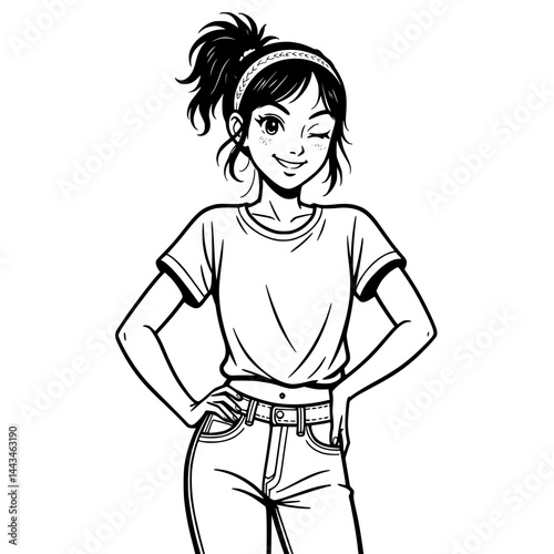 Young woman illustration winking with hands on hips