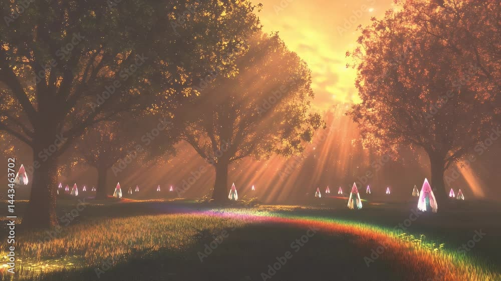 Magical forest meadow sunrise