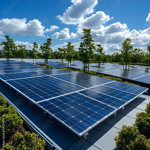 Solar power plant large array of solar panels in green landscape under sunny sky, renewable energy and sustainability concept