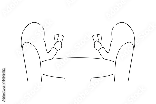 Two people playing card game minimal line art style illustration