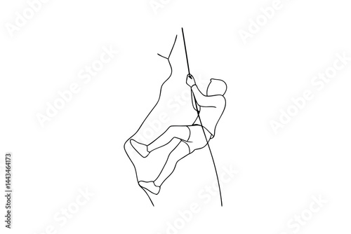 Line art illustration of a man rock climbing with rope on white background