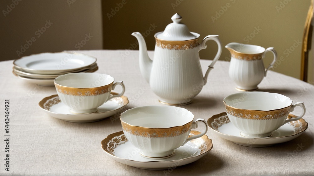Elegant Tea Service: A Refined Collection of Porcelain Teacups, Plates, Teapot, and Creamer Graced with Gilded Accents. Elegant Tea Service: A Refined Collection of Porcelain Teacups, Plates, Teapot, and Creamer Graced with Gilded Accents.