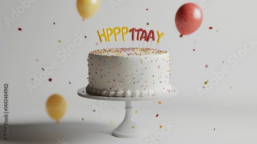 Fototapeta cake with 3d happy birthday text with baloons, confetti, plain background