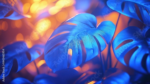 Vibrant blue monstera leaves, warm lights