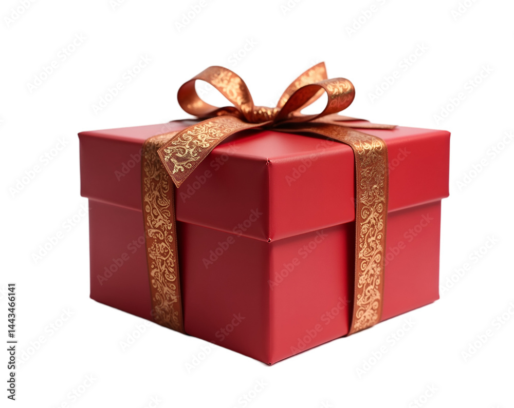 Fototapeta premium Luxurious Crimson Red Gift, A Rectangular Box with Elegant Gold Ribbon and Bow, Perfect for Celebrations, Anniversaries, and Special Occasions