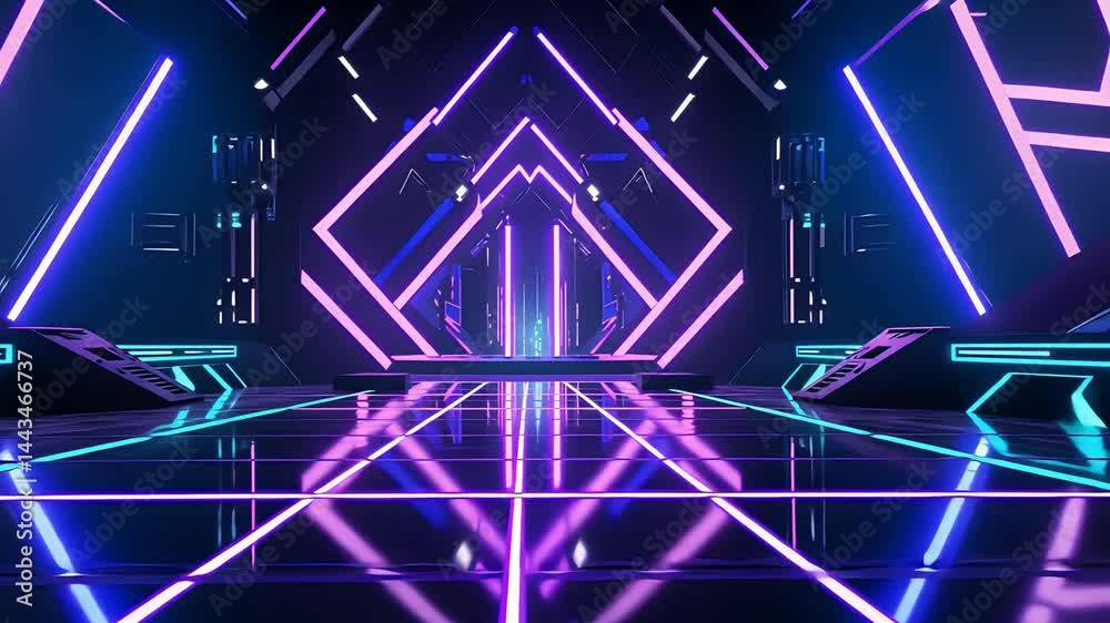 Glowing futuristic tunnel with neon geometric lights and reflective mirror surface