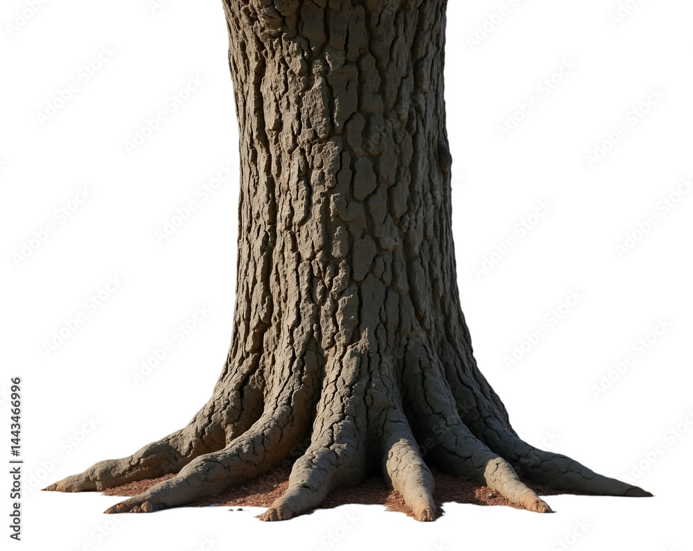 Obraz premium Majestic Oak, A Detailed Study of a Tree Trunk with Thick, Dark Bark on an Isolated Plain Showcasing Nature's Textural Masterpiece in Fine Detail and Elegant Form