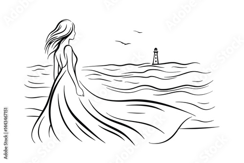 Woman in dress looking at lighthouse and sea waves vector illustration