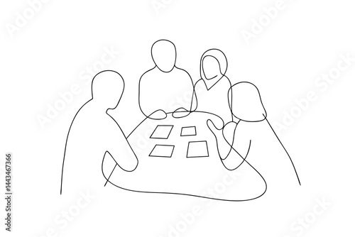 Continuous line drawing of business team meeting around table discussing strategy