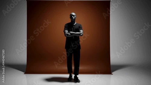 Confident man in dark outfit standing before orange backdrop