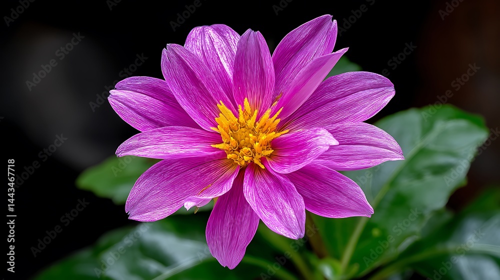 Obraz premium Vivid pink dahlia with yellow center, lush green leaves, dark background. Nature's beauty captured