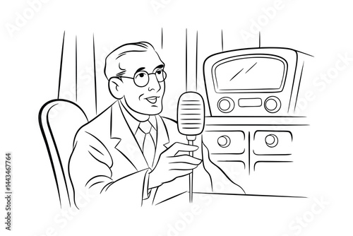 Cartoon illustration of a man broadcasting on a radio show with microphone