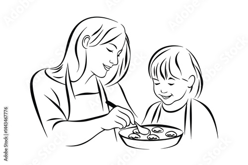 Mother and child cooking together preparing food in the kitchen line art