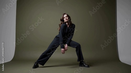 Fashion model striking wide pose in minimalist studio set