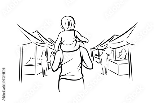 Father carries child on shoulders at outdoor market simple line art illustration