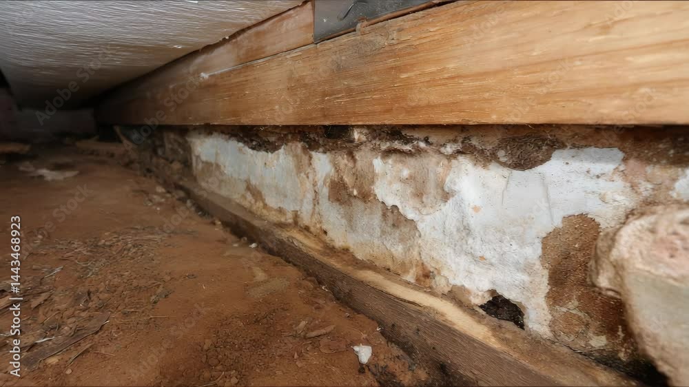 Foundation wall with crumbling paint and wood showing signs of moisture damage and poor conditions in a crawl space. Foundation wall with crumbling paint and wood showing signs of moisture damage and poor conditions in a crawl space.