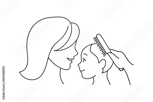 Minimalist line art mother combing her childs hair with love and affection