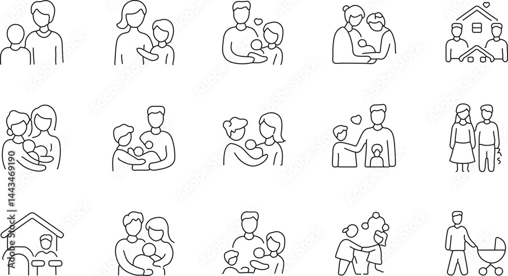 Fototapeta premium Family scenes, line art illustrations, parenting moments, diverse family activities, generational interactions, child care, household tasks, daily life, simple sketch style, black and white drawings, 