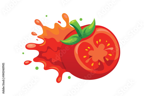 realistic sliced ripe tomato in red juicy splash