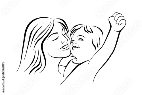 Minimalist mother holding cheerful baby line art illustration in black and white