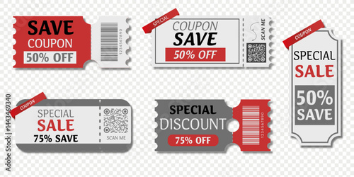A set of coupons in gray, white, and red colors with no backgrounds. Illustration