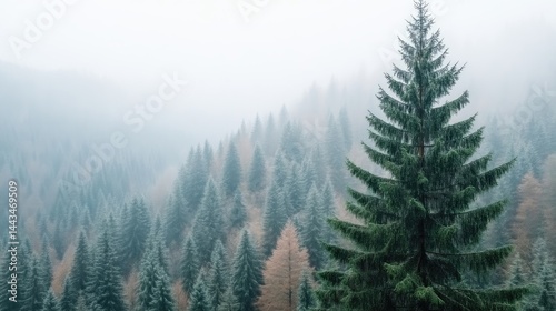 Coniferous Forest Misty Mountain High-Resolution Photography, Aerial View, Evergreen Texture, Serene Landscape, Foggy Mountain Backdrop, Cool Blue-Green Hues, Ideal for Nature Calendars
