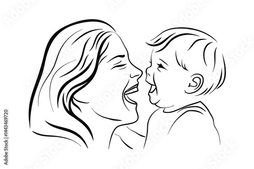 Line art of laughing mother and baby sharing precious moment together